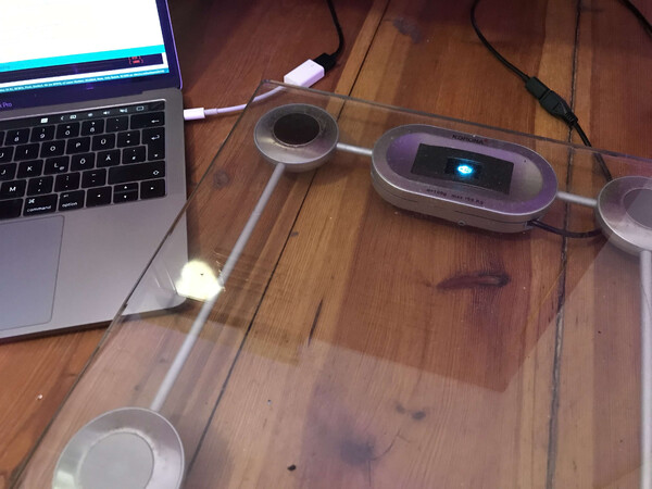 wifi-kör­per­waa­ge selbst­ge­macht: die al­ten in­ne­rei­en und das olle LCD-dis­play raus, klei­nes OLED dis­play und …