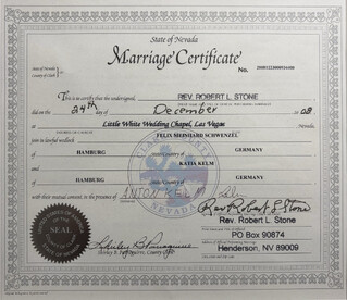 heiraturkunde des staates nevada für die beifahrerin und mich, ausgestellt von der little white wedding chapel in las vegas, vom 24. dezember 2008