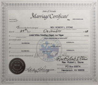 heiraturkunde des staates nevada f&uuml;r die beifahrerin und mich, ausgestellt von der little white wedding chapel in las vegas, vom 24. dezember 2008