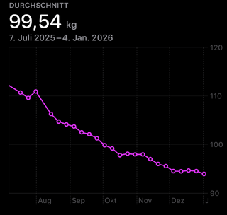graph meines gewichts vom juni bis dezember 2025. im dezember sieht man eine stagnation, die am ende des monats doch noch keicht nach unten zeigt.