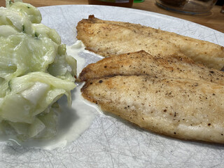 weisser teller mit einer portion gurkensalat und zwei gebratenen tilapiafilets