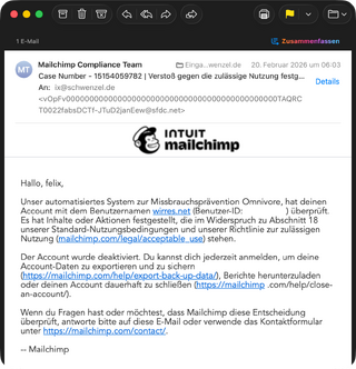 screenshot einer mail, die ich von mailchimp erhalten habe. betreff: „Verstoß gegen die zulässige Nutzung festgestellt“