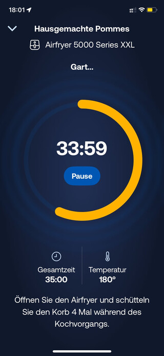 screenshot der app des airfryers, man kann vorgefertigte programme ferngesteuert abrifen, hier: „hausgemachte pommes, 34 minuten“