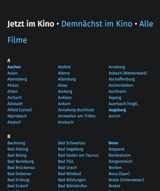screenshot von allekinos.de mit einer klickbaren liste von st&auml;dtenamen und links auf &bdquo;demn&auml;chst im kino&ldquo; und &bdquo;alle filme&ldquo;