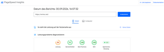 pagespeed-test-ergebnis von wirres.net auf mobil-device; 80% (leistung), 91% (barrierefreiheit), 100% (best practices), 100% (SEO)