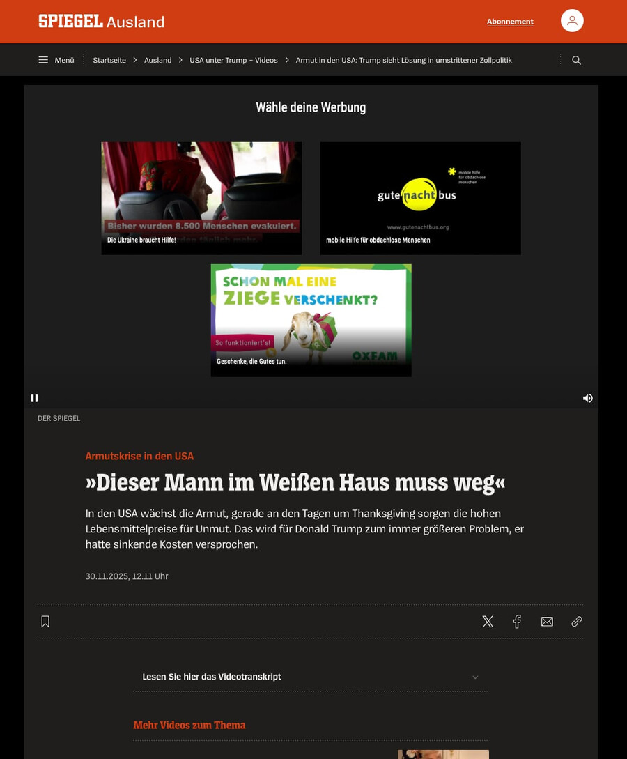 screenshot einer video-seite von spiegel.de, auf der im video-player dazu aufgefordert wird eine werbung von dreien zu „wählen“