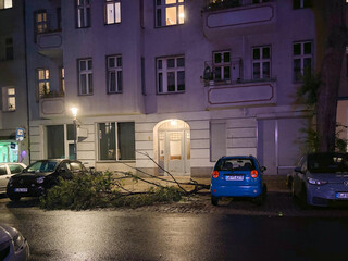 vor der kameruner str. 9 liegt ein hrosser ast &uuml;ber drei frei patkl&uuml;cken hinweg, rechts daneben ein blauer chevy matiz, den der ast beim herunterfallen gstreift hat und rechts danaben unser frauer ID3 dem bis jetzt nichts passiert ist.