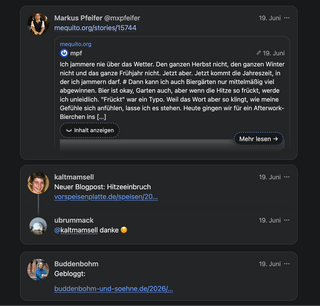 screenshot aus meinem mastodon-client phappy mit drei zeitlich eng beieinanderliegenden posts von markus pfeifer (7:39), kaltmamsell (6:29) und buddenbohm (6:01)