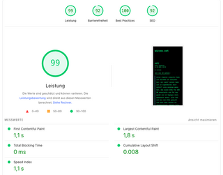 screenshot des page spedd tests von google dieses artikels. die kennzahlen sind: 99% leistung, 92% barrierefreiheit, 100% best practices und 92% SEO. der test wurde durchgef&uuml;hrt, bevor ich alt-tags erg&auml;nzt habe.