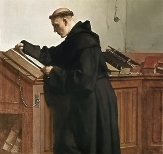 gemälde von ferdinand pauwels miot dem titel: „luther entdeckt die bibel“. aber eigentlich scheint luther vor einer bibel zu stehen und sie auszumessen