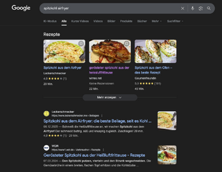 screenshot einer google suchergebnisseite nach &bdquo;spitzkohl airfryer&ldquo;, die mein rezept in der ersten reihe anzeigt. das originalrezeot habe ich vom WDR, zwei etagen tiefer auf der suchergebnisseite.