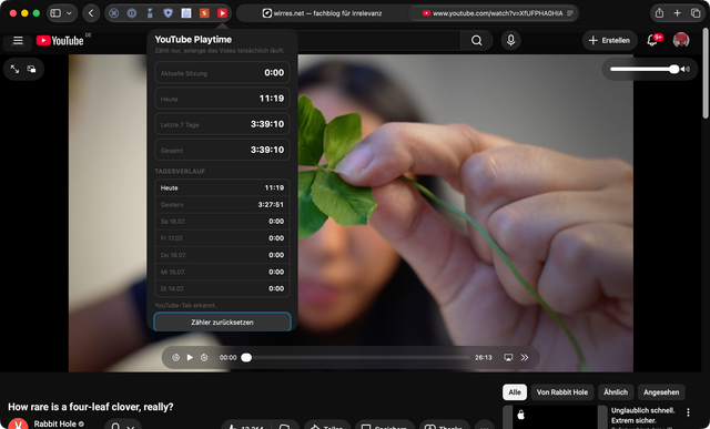 safari screenshot mit ausgeklappter „YouTube Playtime“ extension die mir anzeigt, wieviel zeit ich heute dun in den letzten sieben tagen auf youtube verbracht habe.