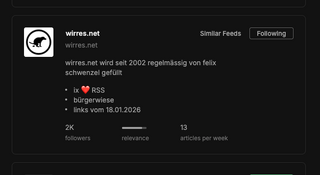 screenshot aus der feedly suche nach dem hashtag #kultur. wirres.net steht da an stelle 17 und hat angeblich neben 2k followers, eine &bdquo;relevance&ldquo; von 83%