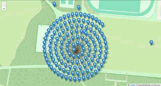 screenshot des aufgefächerten clusters mit 140 pins auf der catcher-wiese in den rehbergen. die pins bilden eine ziemlich grosse spirale.