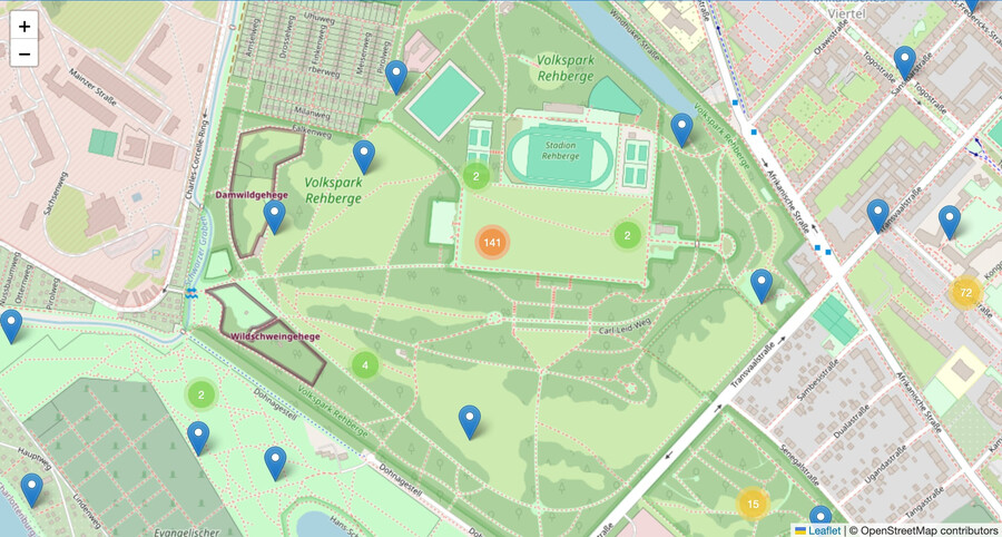 screenshot der geolocation karte mit einem bildausschnitt der catcher-wiese in den rehbergen. man sieht einen cluster mit 140 pins auf einem einzigen punkt.