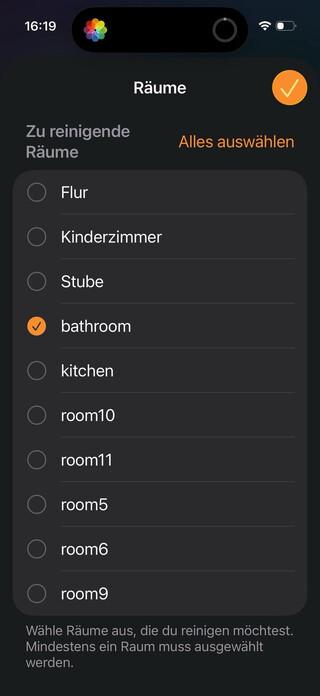 screenshot aus der home.app, der die matter staubsauger-bereiche, die man zur reinigung auswählen kann, zeigt