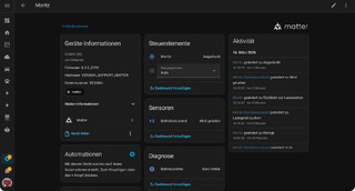 home assistant screenshot, der die matter staubsauger-entitäten zeigt