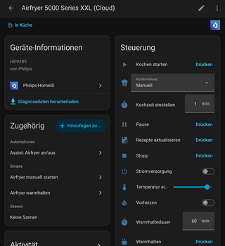 screenshot meines home assistant dashboards f&uuml;r die homeID integration unseres airfryers. man sieht steuerelemnete f&uuml;r start/stop, garzeit und gartemperatur. im prinzip das gleiche wie in der homeID app, nur das ich hier alles selbst automatisieren kann.