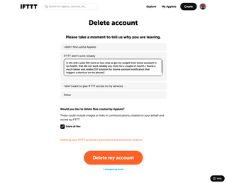 screenshot der ifttt-kündigungsseite, auf der nochmal nachgefragt ob man sicher sei und warum man gehen wolle