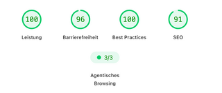 page speed insights für https://wirres.net/index.md.html (100% leistung, 96% barrierefreiheit, 100% best practices, 91% seo, 3/3 agentisches browsing)