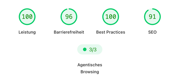 page speed insights für https://wirres.net/index.md.html (100% leistung, 96% barrierefreiheit, 100% best practices, 91% seo, 3/3 agentisches browsing)
