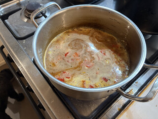 kochtopf mit einer selbstgemachten br&uuml;he (instant h&uuml;hnerbr&uuml;he, paprika, zwiebel, knoblauch, isch und sojasauce.)