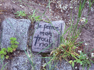 pflasterstein mit der aufschrift, einem graffiti &bdquo;je ferme mon frout noir&ldquo;