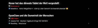 zwei überschriften die auf rivva standen: „Honor hat das dunnste Tablet der Welt vorgestellt“ und „OpenClaw und die Dummheit der Menschen“