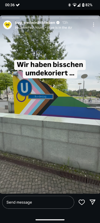 Screenshot of an Instagram story showing the Bundestag Station sign covered in a pride flag