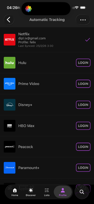 screenshot der trakt app mit den diensten in die sich younify.tv einloggen kann, um dort daten abzugreifen