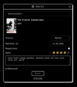 screenshot des micropub-client sparkles beim anlegen eines eintrags zu french conection. weil ich den noch nicht zuende gesehen habe, drücke ich den „post“ knopf noch nicht