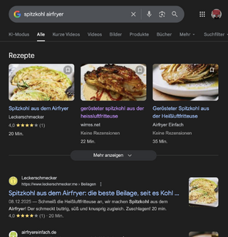 screenshot eines serp f&uuml;r &bdquo;spitzkohl airfryer&ldquo; mit meienm spitzkohlrezept im oberen rezept &bdquo;karussel&ldquo;