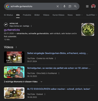 screenshot eines serp f&uuml;r &bdquo;schnelle gurkensticks&ldquo; mit &bdquo;meienm&ldquo; gurensticksezept als ersten suchtreffer