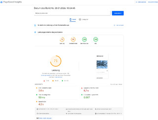 screenshot des page speed test f&uuml;r wirres.net. beim mobile ergebnis sind nur &bdquo;best practices&ldquo; und &bdquo;SEO&ldquo; 100%. leistung und barrierefreiheit sind unter 80%.