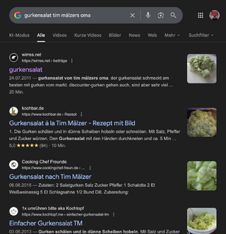 screenshot eines serp f&uuml;r &bdquo;gurkensalat tim m&auml;lzers oma&ldquo; mit &bdquo;meienem&ldquo; gurkensalatezept als erstes suchergebnis