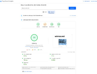 screenshot des page speed test f&uuml;r wirres.net. beim desktop ergebnis ist alles auf 100%, ausser  der barrierefreiheit. die ist bei  unter 90%