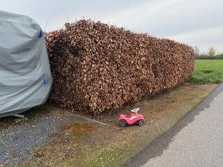 angekettetes bobbycar an einer braunen hecke