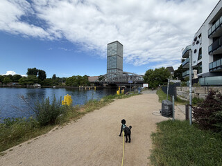 blick auf den treptower park tower und die spree. im vordergrund steht frida.