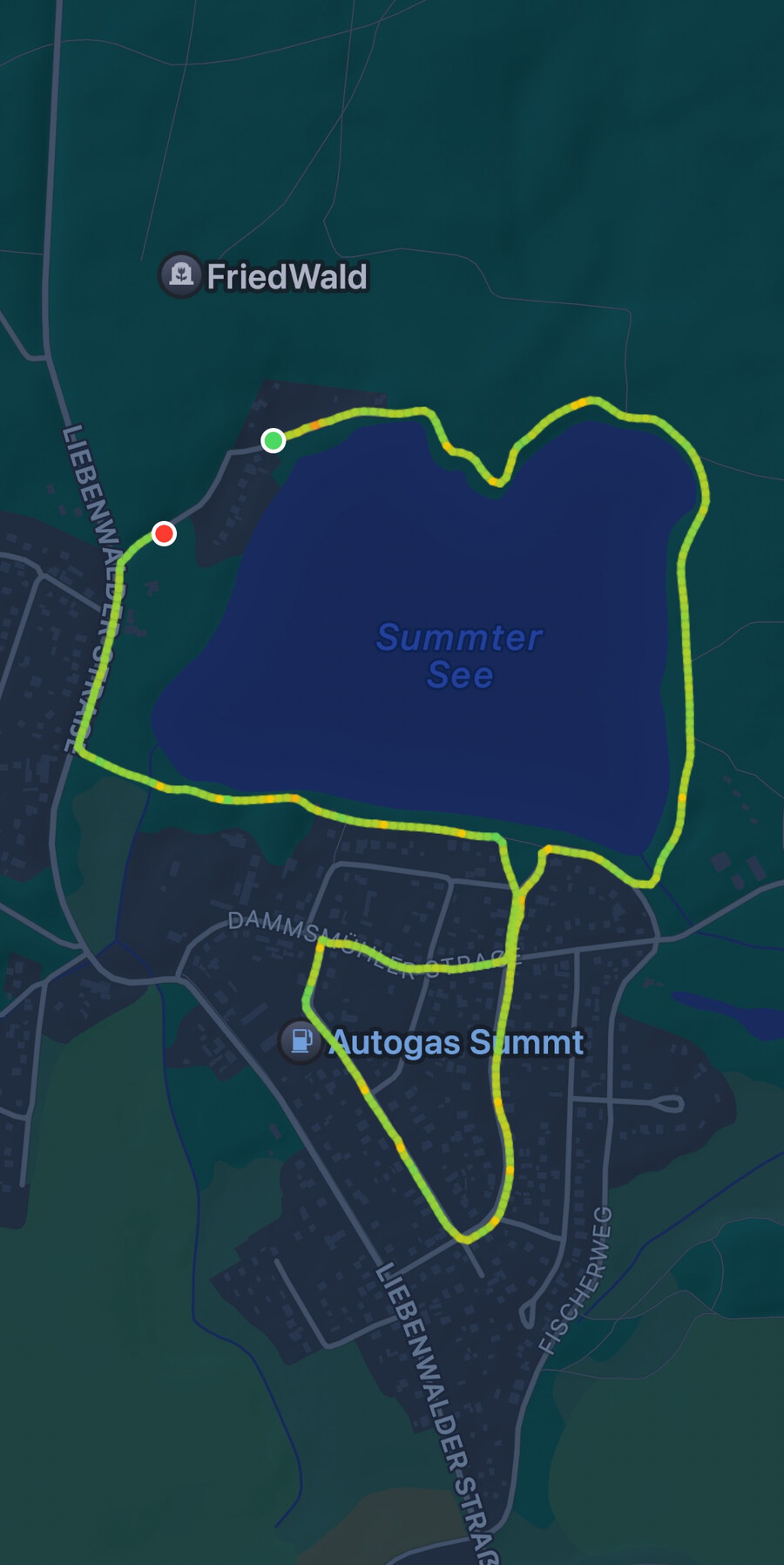 screenshot der appel watch „training“ aufzeichnung, der unseren weg um den summter see zeigt.