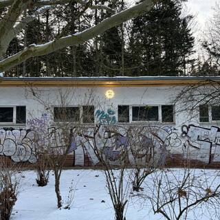 das ungenutzte, aber beheizte wirtschaftsgeb&auml;ude an der catcherwiese in den rehbergen hat einen smily auf die aussleuchte gemalt bekommen