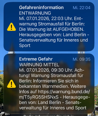 screenshot von warnungen und entwarnungen die mich am 7.1.2026 erreicht haben