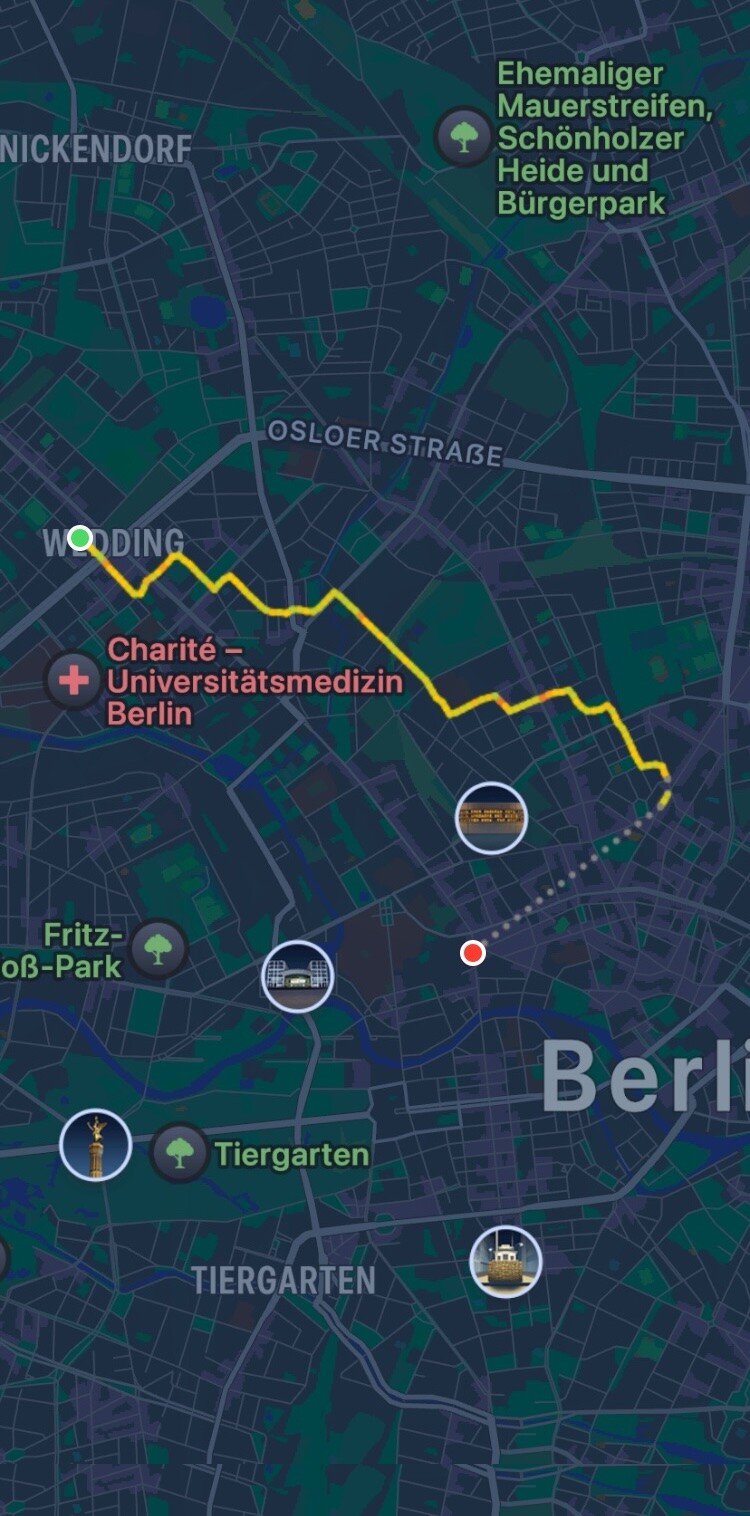 screenshot der apple watch aufzeichnung unseres spaziergangs heute vom wedding in den prenzlauer berg (7 km)