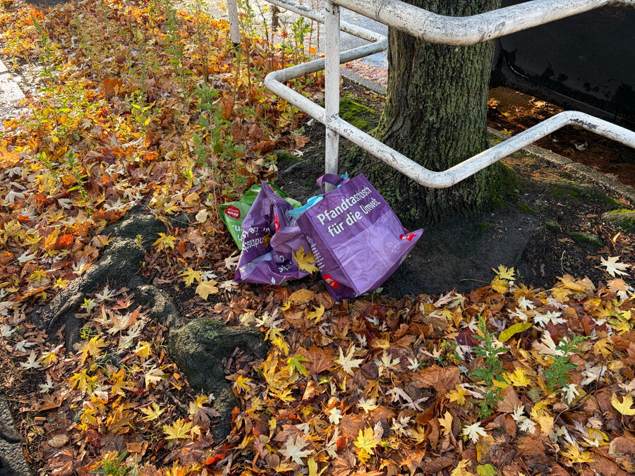 bild von mehreren rewe pfandtaschen die in der umwelt an einem baumstümpf liegen und mit „pfandtasche für die umwelt“ beschriftet sind