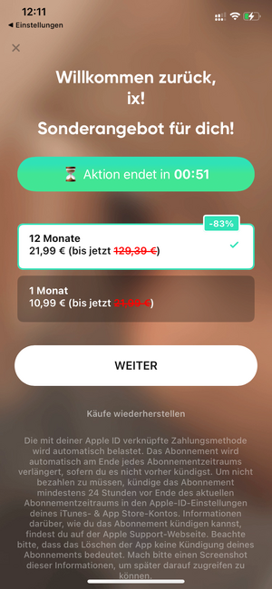 screenshot der better me app, die mich unter zeitdruck dazu bringen will ein abo-„sonderangebot“ abzuschliessen