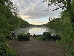 blick auf den plötzensee der dampfend im morgenlicht liegt
