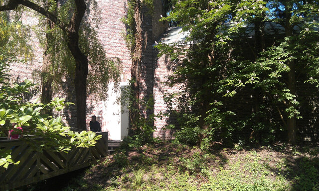 eins der backsteingebäude der museumsinsel hombroich im sonnenschein. davor stehen mächtig grosse bäume.