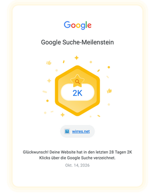 screenshot einer mail von den google webmaster tools: in den letzten 28 tagen hat wirres.net „2k klicks über die google suche vertzeichnet“