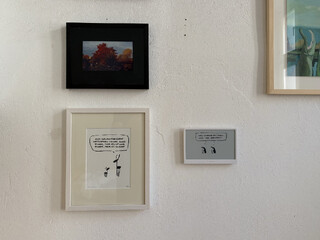 foto von drei bilderrahmen, einer ist vor switchbot mit einem farbigen e-paper-display, einer ist mit einer original tusche-zeichnung auf papier von meta bene geladen und einer ist ein trmnl-e-paper display mit einer meta bene zeichnung