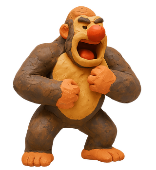 promt: knete mir einen gorilla mit einer pappnase, der schreit und sich auf die brust trommelt. der hintergrund soll transparent sein.