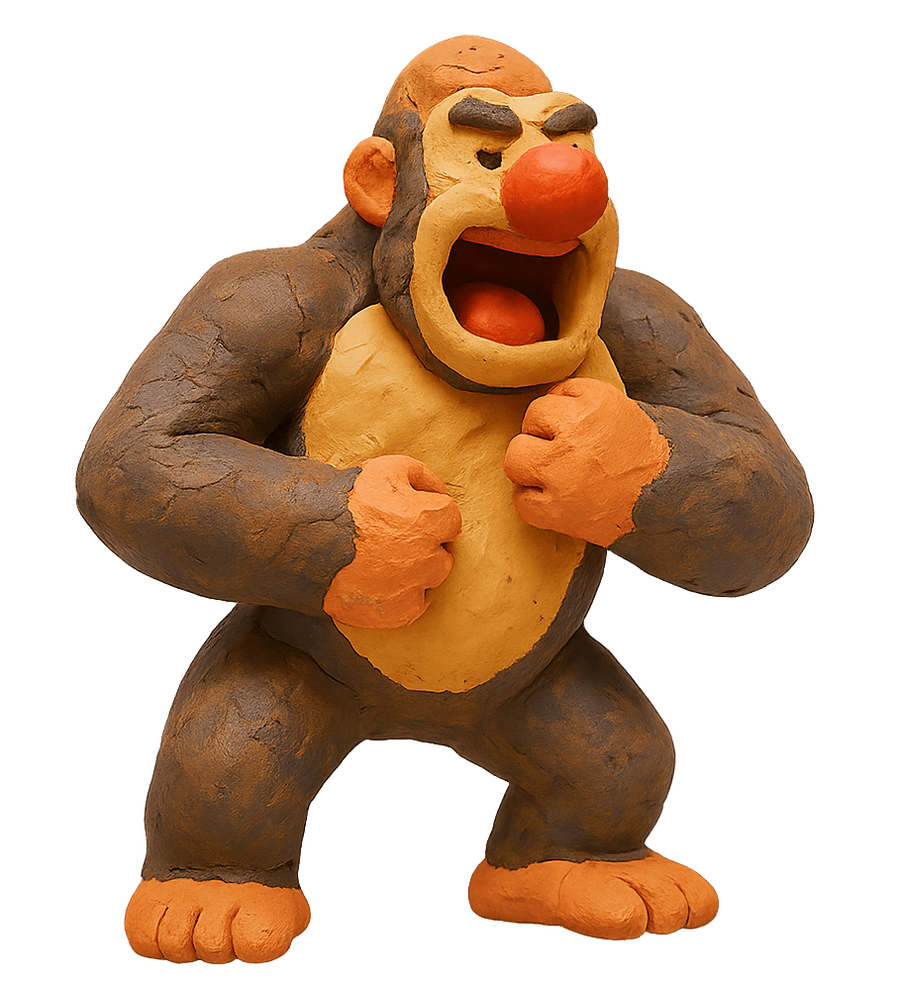 promt: knete mir einen gorilla mit einer pappnase, der schreit und sich auf die brust trommelt. der hintergrund soll transparent sein.